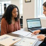 A professional admissions advisor sits at a desk in a modern beauty school, pointing to enrollment paperwork while explaining cosmetology school requirements to a young woman holding a high school diploma and ID.