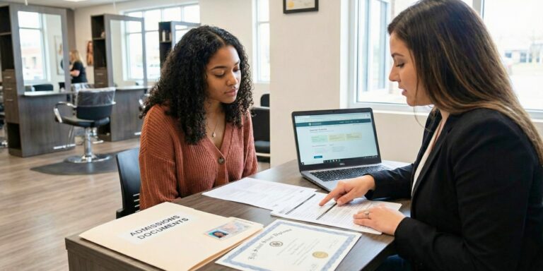 A professional admissions advisor sits at a desk in a modern beauty school, pointing to enrollment paperwork while explaining cosmetology school requirements to a young woman holding a high school diploma and ID.