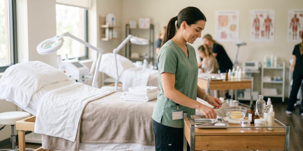 An esthetician student in a green scrub top arranges skincare tools and glass jars on a rolling cart inside a bright, modern skincare classroom.