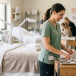 An esthetician student in a green scrub top arranges skincare tools and glass jars on a rolling cart inside a bright, modern skincare classroom.