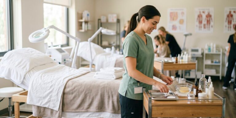 An esthetician student in a green scrub top arranges skincare tools and glass jars on a rolling cart inside a bright, modern skincare classroom.