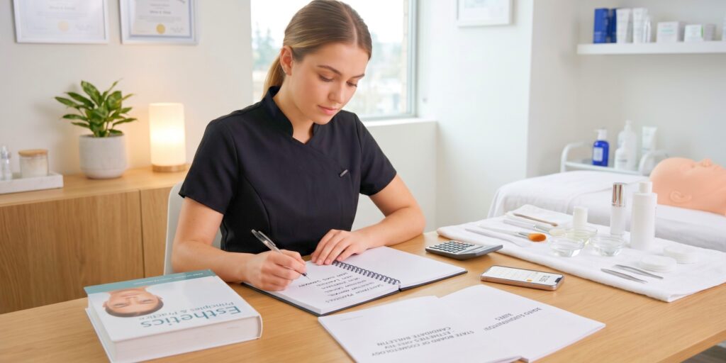 A dedicated student in a black spa uniform takes notes while studying an esthetics textbook and state board exam prep materials.