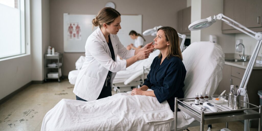 A focused esthetician in a white treatment coat performs a skin consultation for a client in a realistic clinical training room.