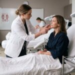 A focused esthetician in a white treatment coat performs a skin consultation for a client in a realistic clinical training room.