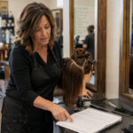 Beauty instructor teaching from lesson notes beside a mannequin head in a professional salon classroom.