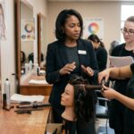 A professional beauty instructor in a navy blazer gestures toward a mannequin head while guiding two adult students during a hairstyling demonstration in a realistic salon classroom.