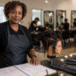 Experienced beauty instructor standing beside a mannequin head, lesson notes, combs, shears, and salon training tools inside a modern beauty school classroom.