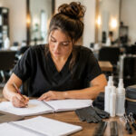 Cosmetology student prepares for licensing exam with blurred laptop quiz, study pages, mannequin head, gloves, bottles, towels, and closed kit.