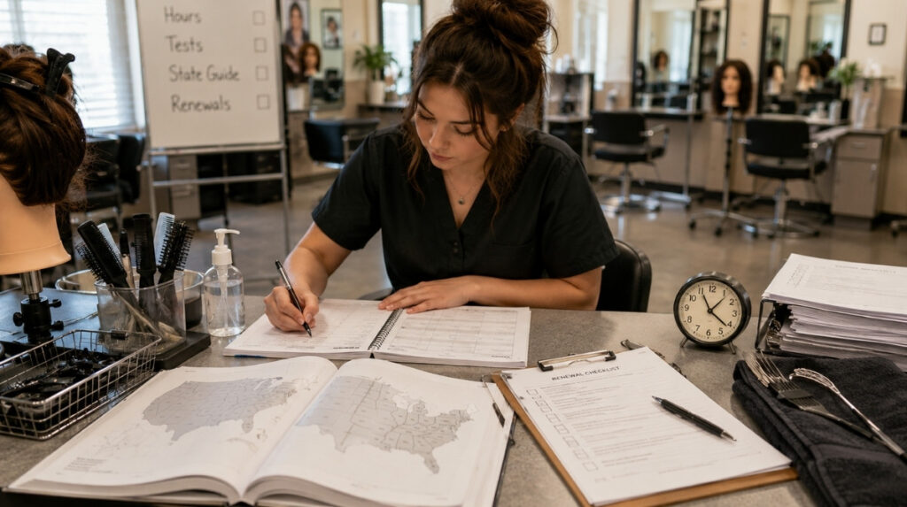 A cosmetology student studies blank licensing pages, clock hour planning materials, mannequin hair, salon tools, and renewal paperwork at a professional beauty school station.