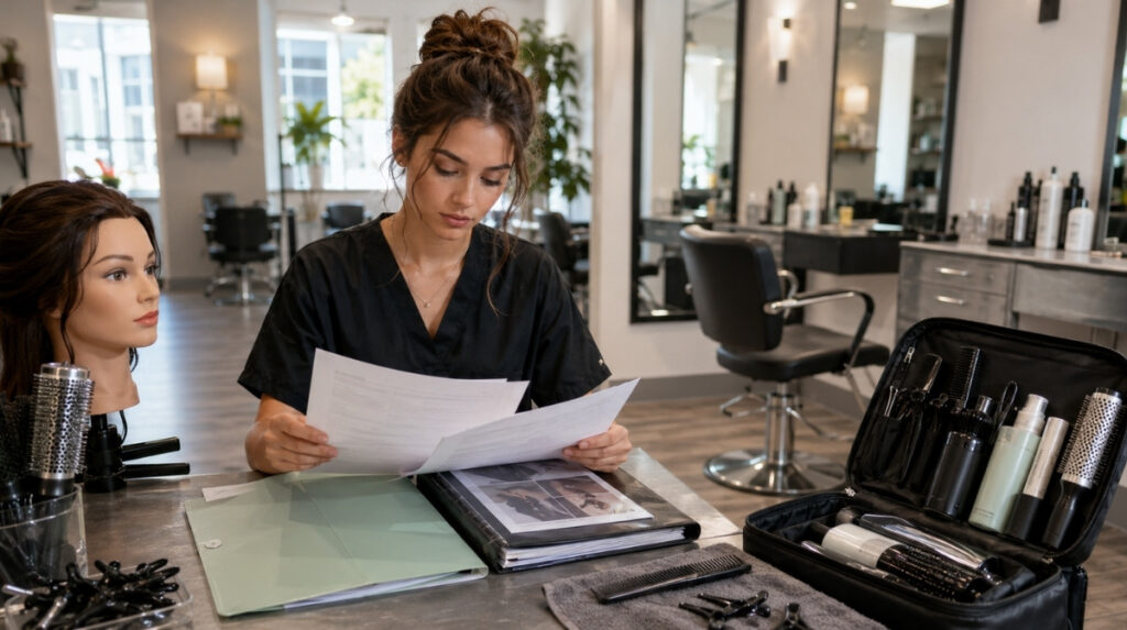 A cosmetology graduate reviews blurred license paperwork at a clean salon station with a packed kit, portfolio binder, mannequin head, brushes, combs, and clips.