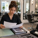 A cosmetology graduate reviews blurred license paperwork at a clean salon station with a packed kit, portfolio binder, mannequin head, brushes, combs, and clips.