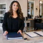 Salon owner stands behind a reception counter with blank permit folders, staff credential copies, keys, and clean styling stations behind.