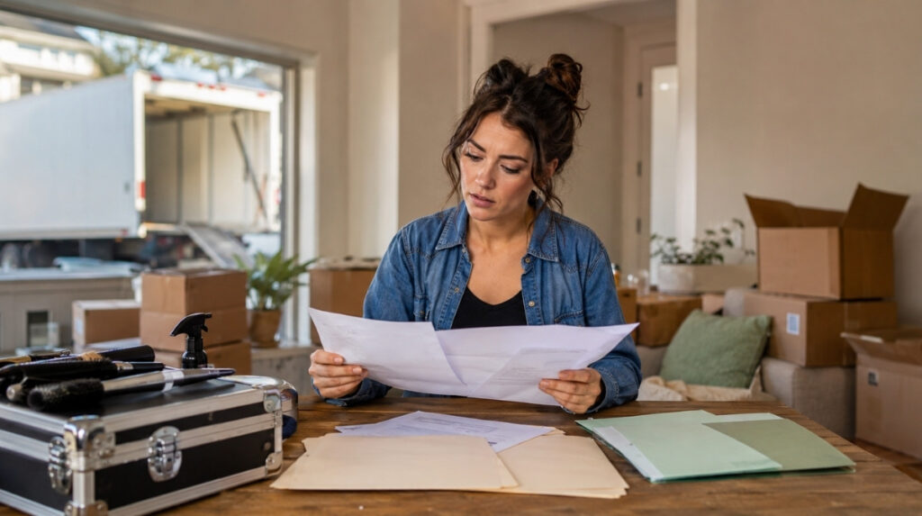 Cosmetologist reviewing a license, training transcript, and destination-state application in a partially packed apartment.