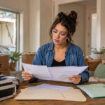 Cosmetologist reviewing a license, training transcript, and destination-state application in a partially packed apartment.