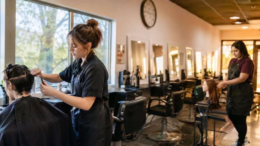 Full-time student practices a supervised daytime haircut while a part-time student prepares for evening cosmetology training in the same classroom.