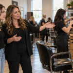 Prospective cosmetology student tours a salon classroom with an instructor while another student practices sectioning hair on a mannequin.