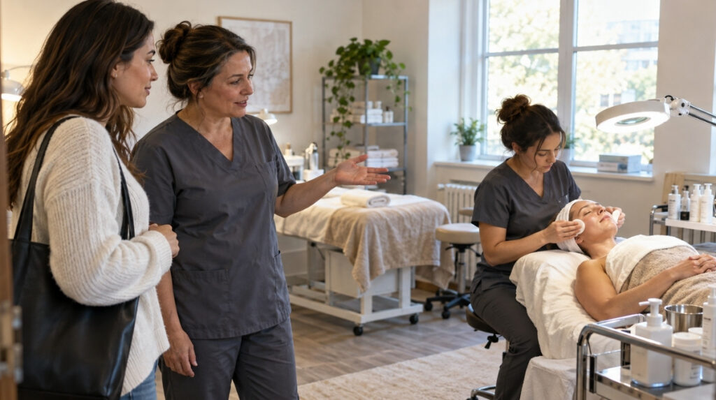 Prospective student and instructor observe a student cleansing a reclining client’s face in a bright esthetics training room.