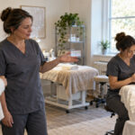 Prospective student and instructor observe a student cleansing a reclining client’s face in a bright esthetics training room.