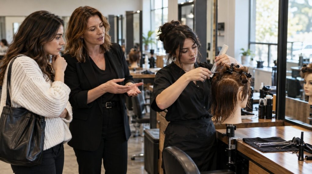 A prospective student and instructor observe a beauty student practicing a haircut on a mannequin beside a classroom workstation.